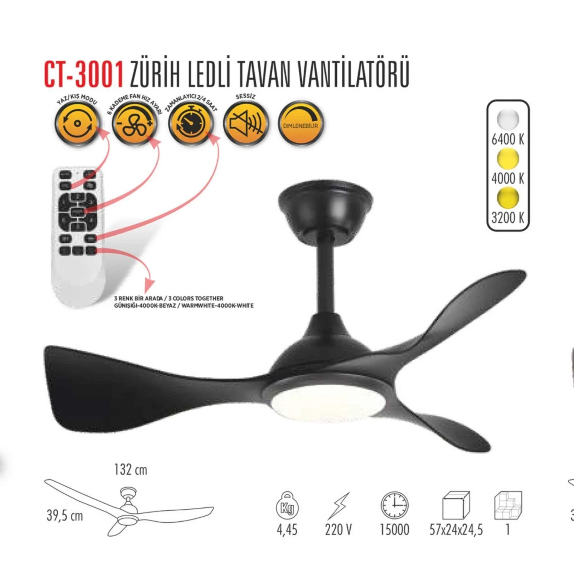 Cata Ct-3001 Zurih Ledli Tavan Vantilatörü